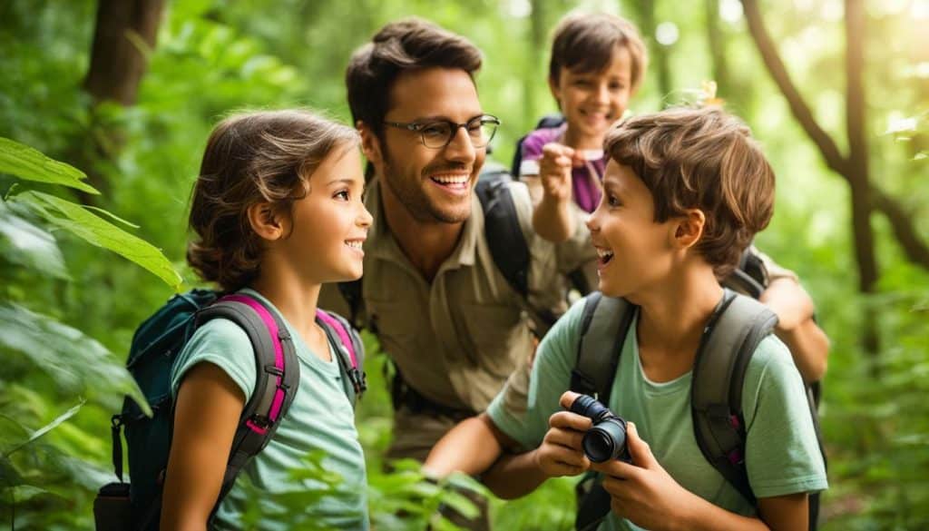 family hiking during a scavenger hunt