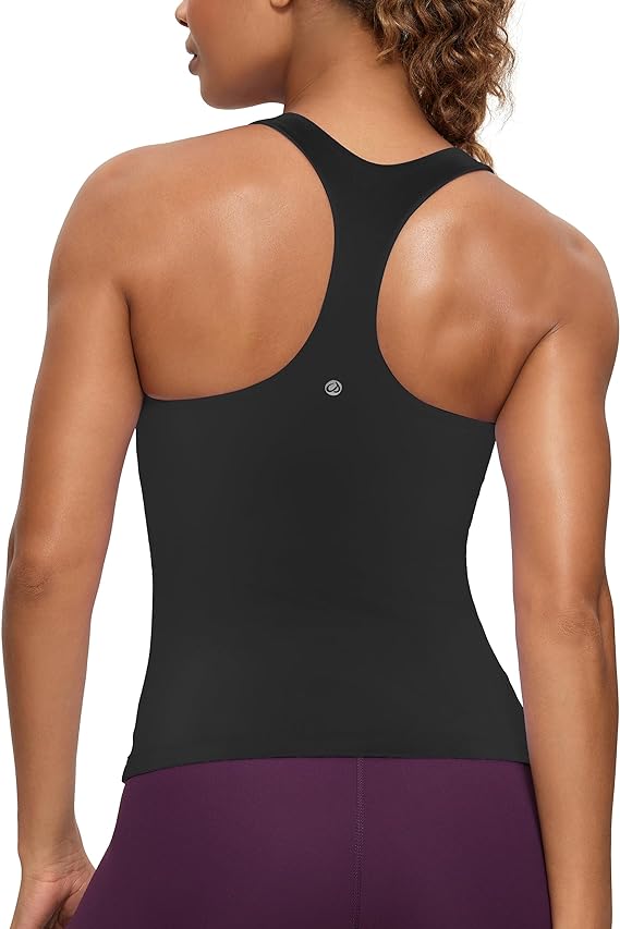 CRZ YOGA Butterluxe Workout Tank Tops for Women Built in Shelf Bras Padded - Racerback Athletic Spandex Yoga Camisole Medium Black