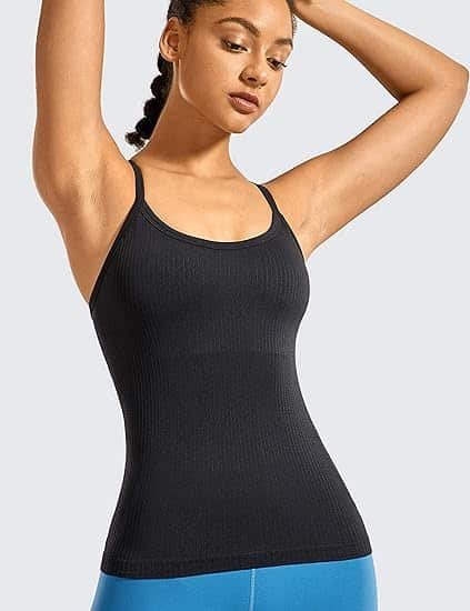 CRZ YOGA Seamless Workout Tank Tops for Women Racerback Athletic Camisole Sports Shirts with Built in Bra Large Black