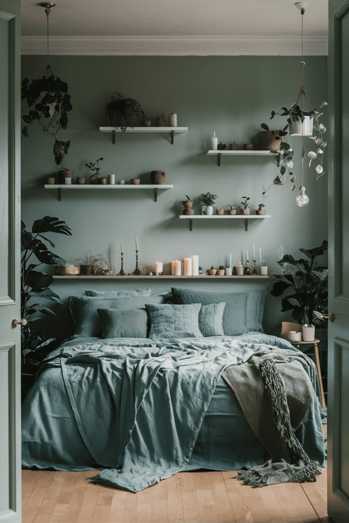 Floating Shelves on Sage Walls