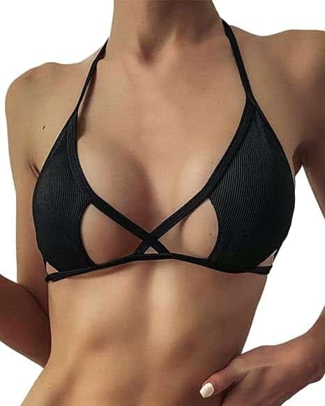 Verdusa Women's Cut Out Tie Knot Halter Swimwear Triangle Bikini Top Large Black