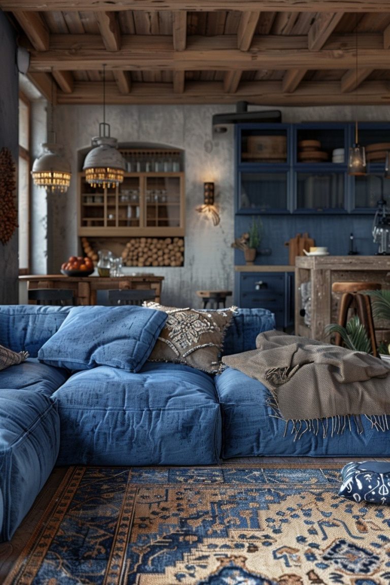 29 Blue Boho Apartment Ideas For A Tranquil Urban Haven - Courtneys World - Distressed Denim Wall Decor For Apartments