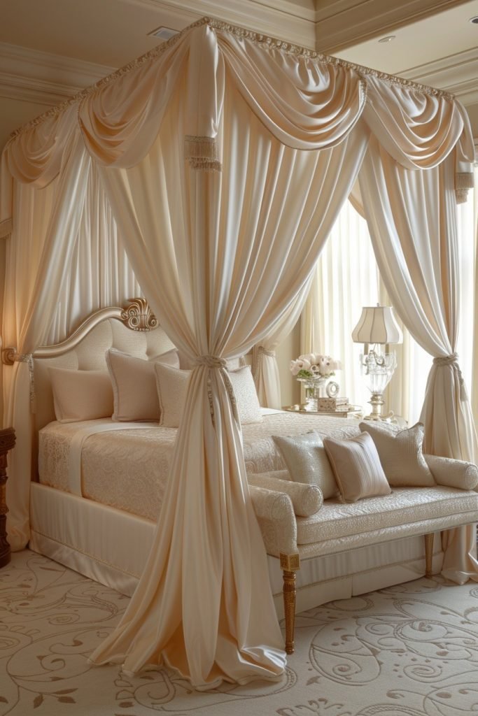 Elegant Satin Draped Canopy Bed