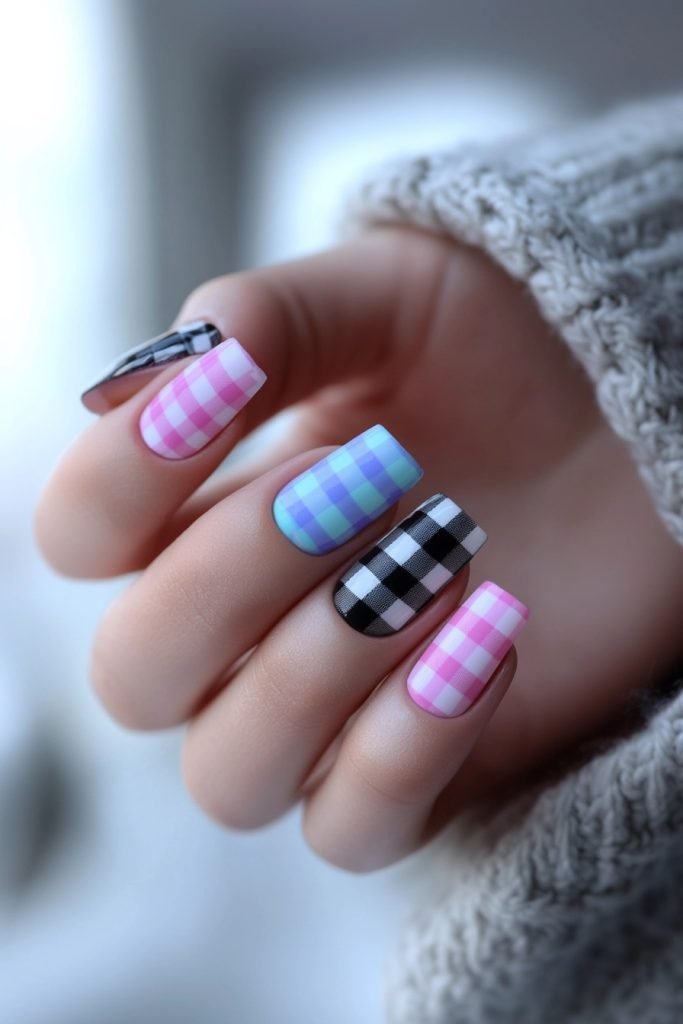 Gingham Check back to school nails