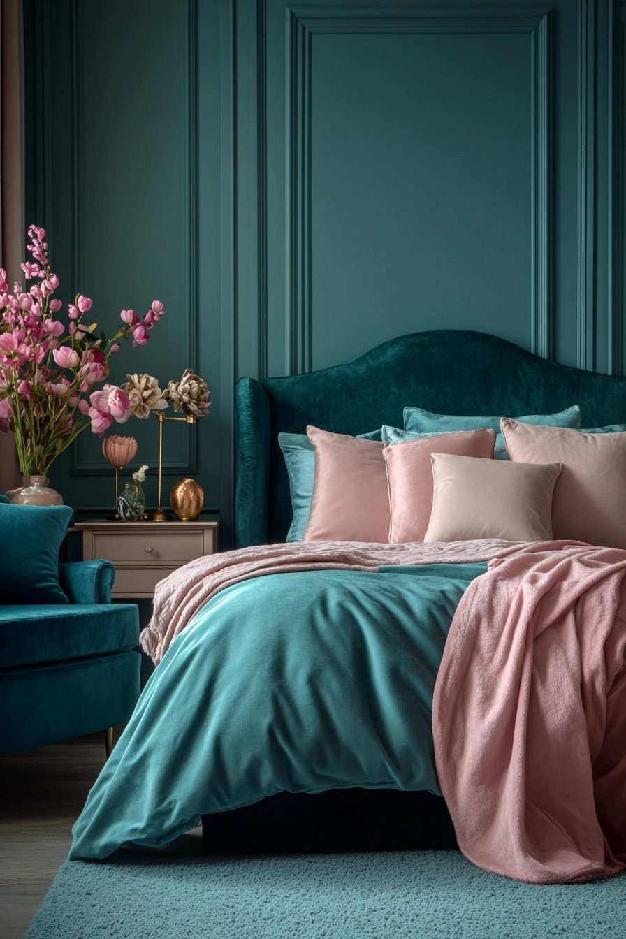 Teal Green And Pink Bedroom