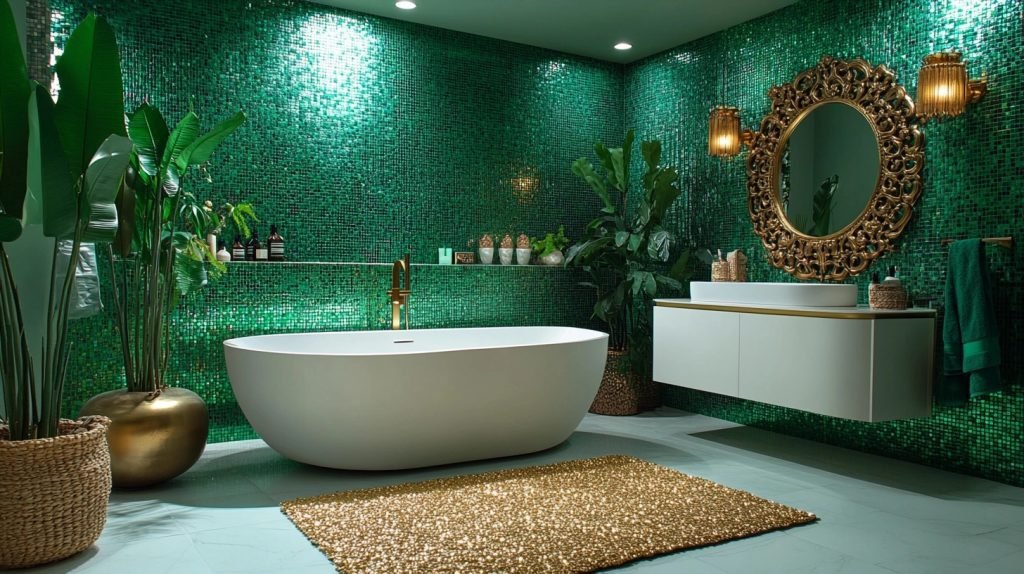 emerald green and gold bathroom