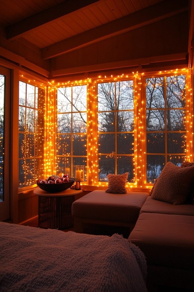 Glowing Christmas Lights in the Sunroom
