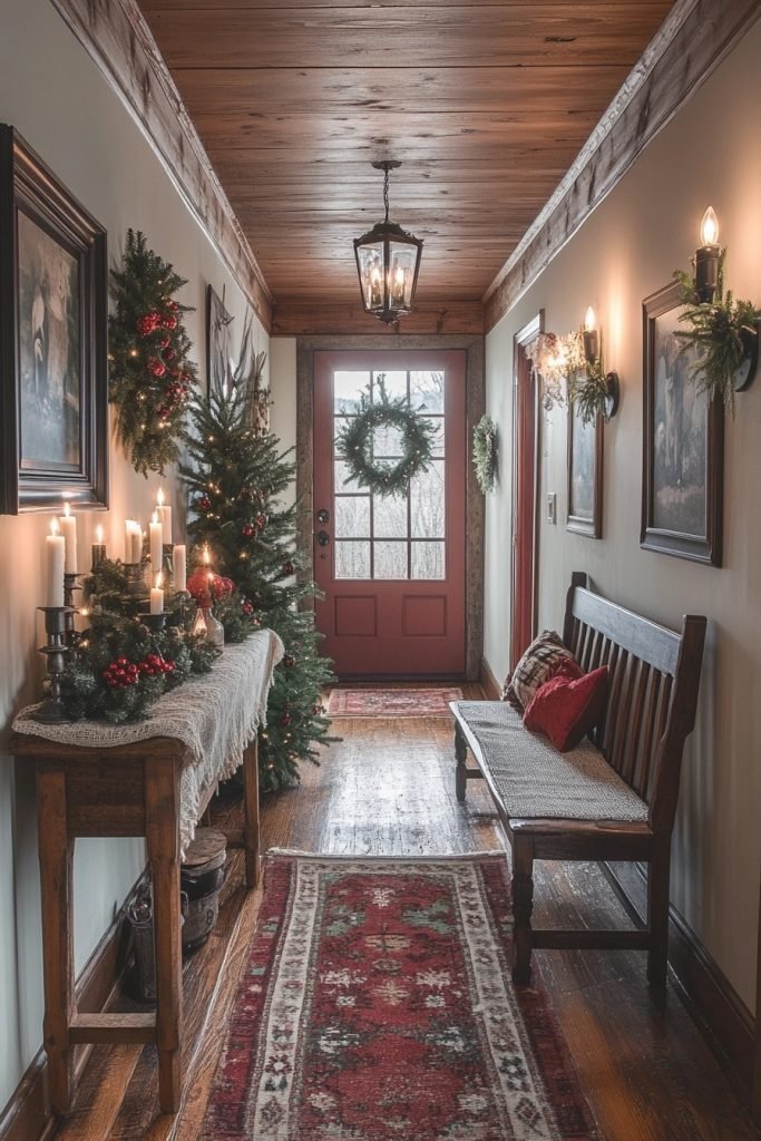 Hallway Adorned in Rustic Christmas Decor