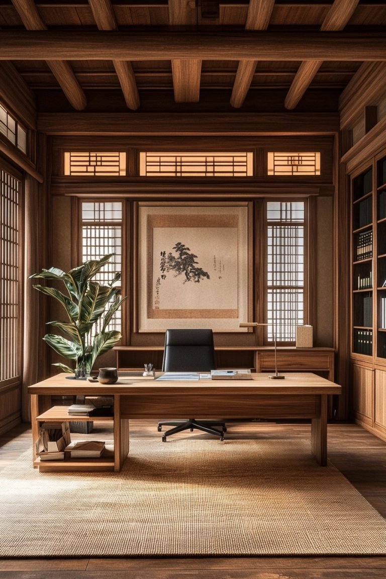 View of 29 Wabi Sabi Office Ideas For A Peaceful And Organized Workspace ...