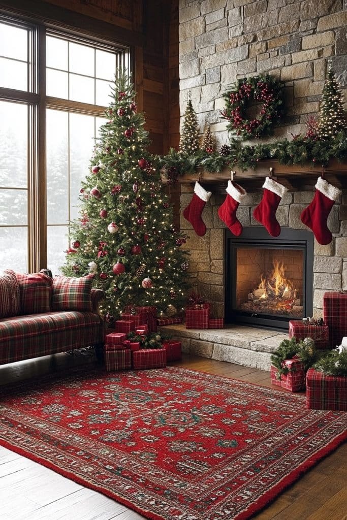Traditional Red and Green Family Room