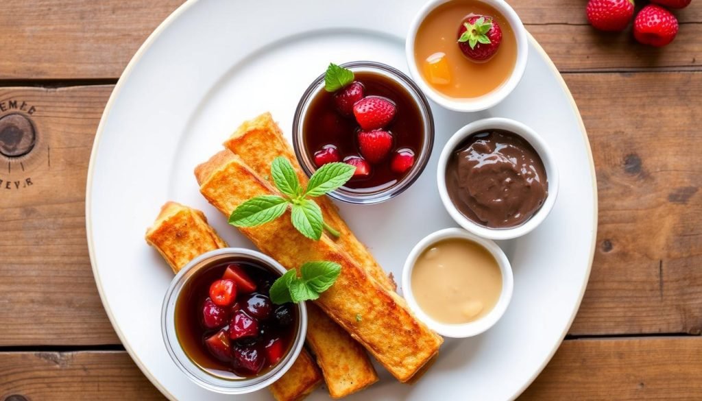 serving French Toast Sticks with dipping sauces