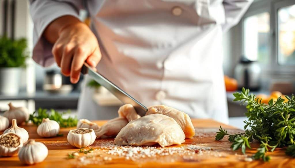 Cutting chicken breast