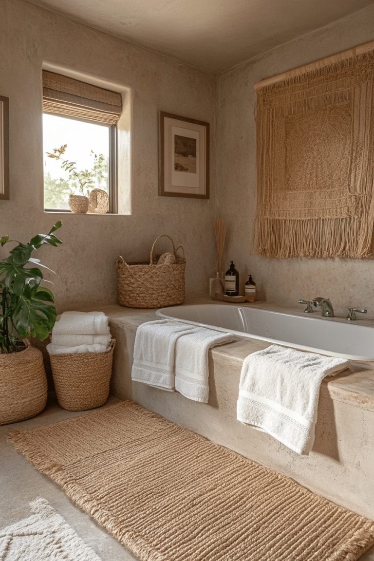 29 Earthy Boho Decor Ideas To Bring Warmth And Nature Into Your Home ... - Natural Fiber Bathroom Accessories