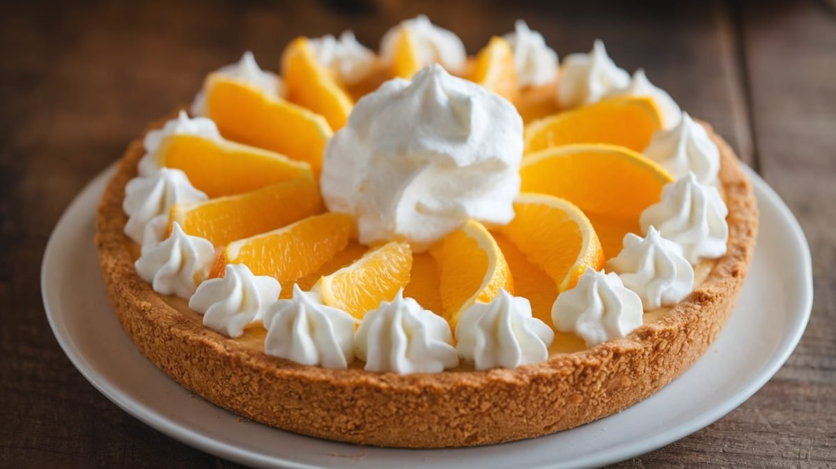 Keto Orange Cream Pie with almond crust and orange slices, served on a rustic table.