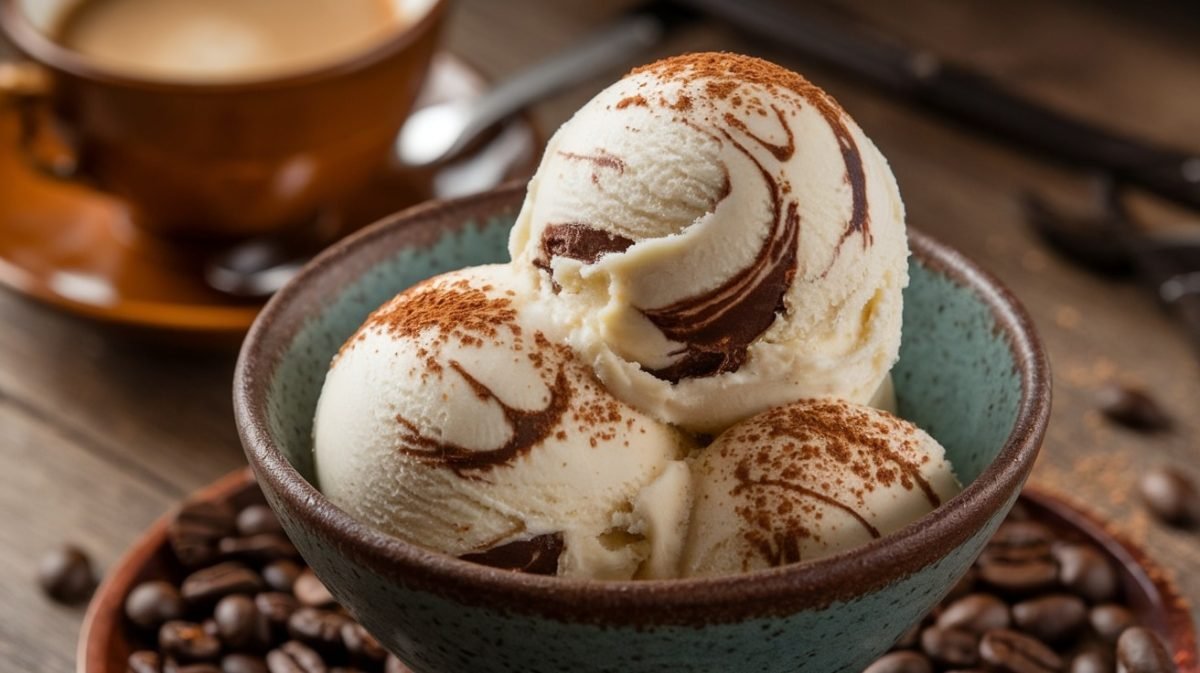 A rustic bowl filled with Keto Vanilla Mocha Ice Cream, topped with coffee beans on a wooden table.