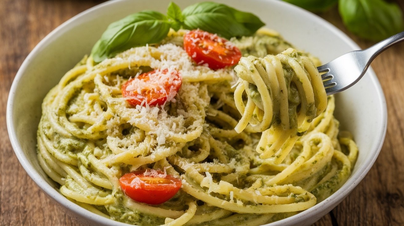 A bowl of spaghetti with lemon basil pesto, garnished with basil and cherry tomatoes on a wooden table.