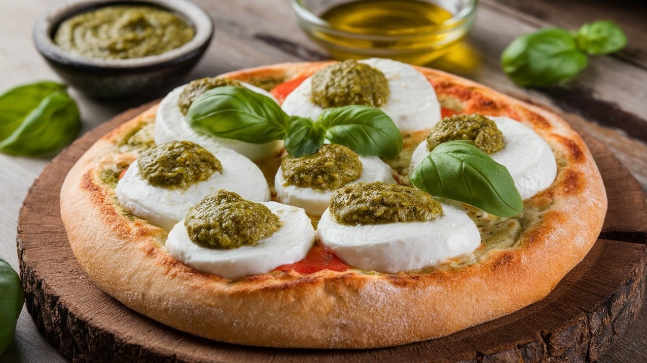 Flatbread topped with pesto and mozzarella, garnished with basil, displayed on a wooden board.