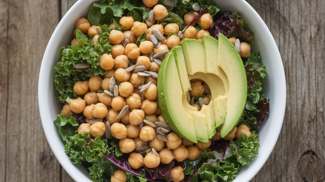 A colorful salad with kale, chickpeas, avocado, and sunflower seeds on a wooden table.
