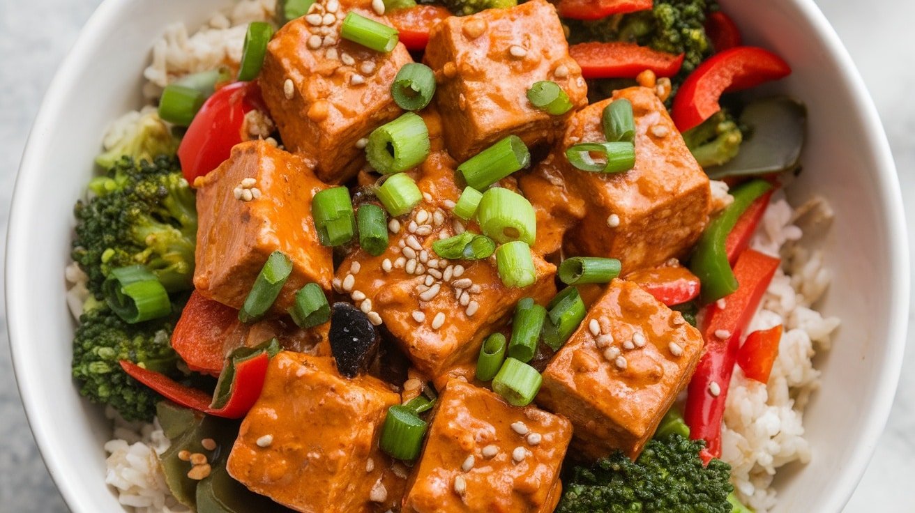 A bowl of spicy peanut tofu with colorful vegetables over rice, garnished with green onions and sesame seeds.