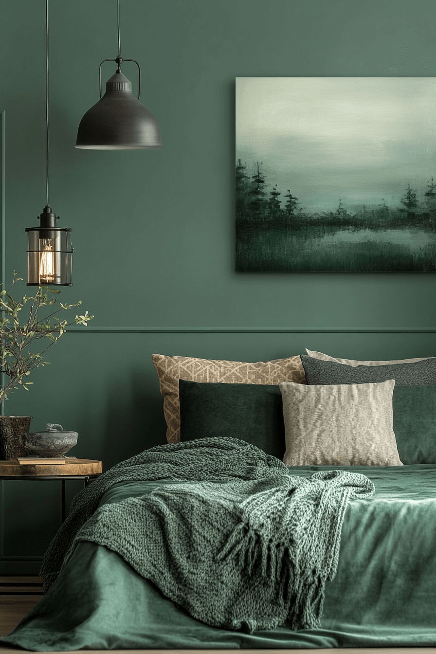 moody green bedroom
