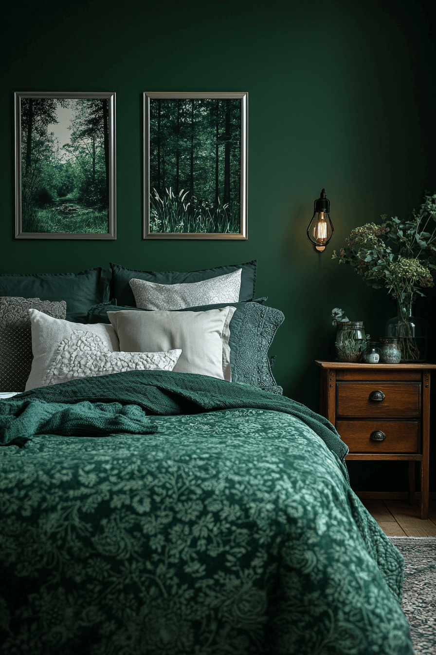 moody green bedroom