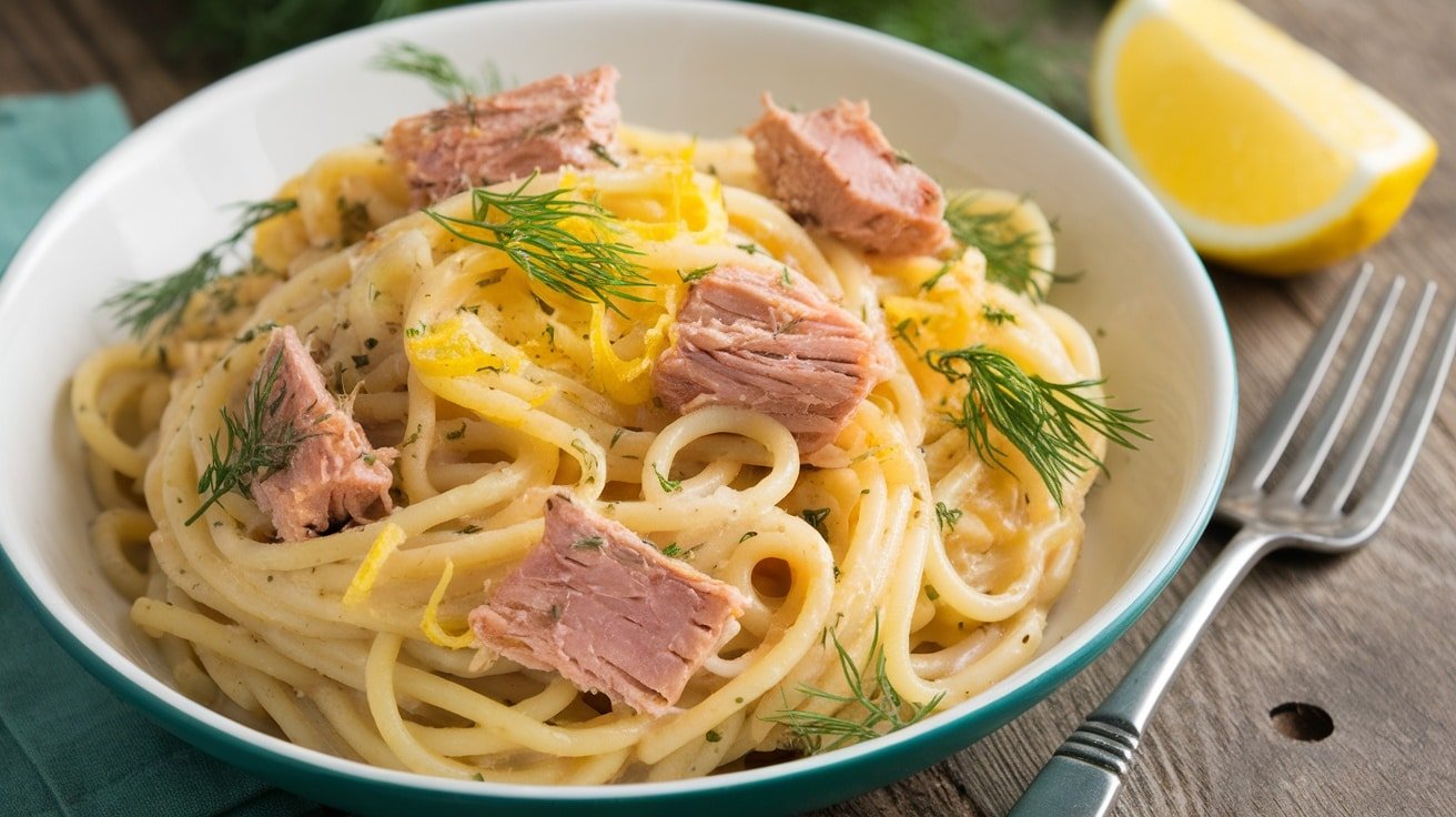 A colorful bowl of lemon dill tuna pasta with dill and lemon zest, on a rustic table.