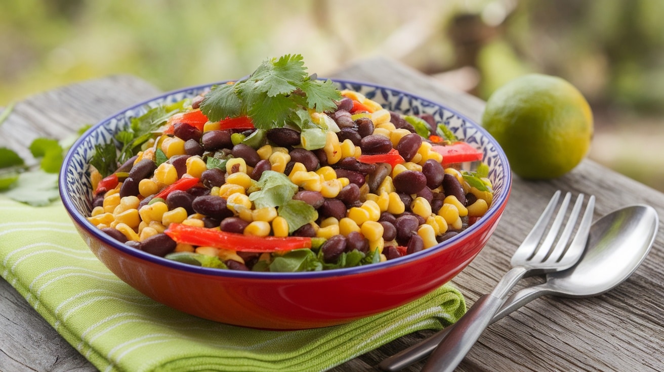 A fresh black bean and corn salad with bell peppers and cilantro in a bowl, garnished with lime.