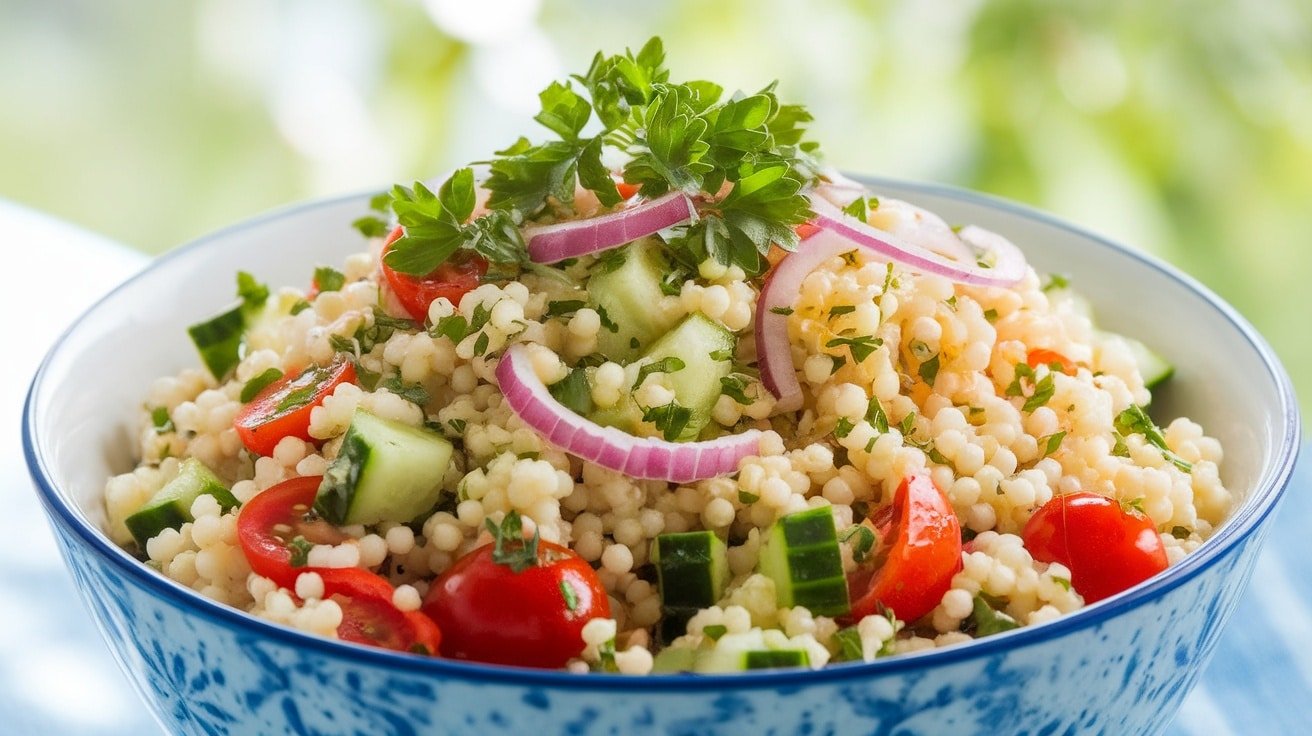 A refreshing 10-minute lemon herb couscous salad with cherry tomatoes, cucumber, red onion, and parsley.