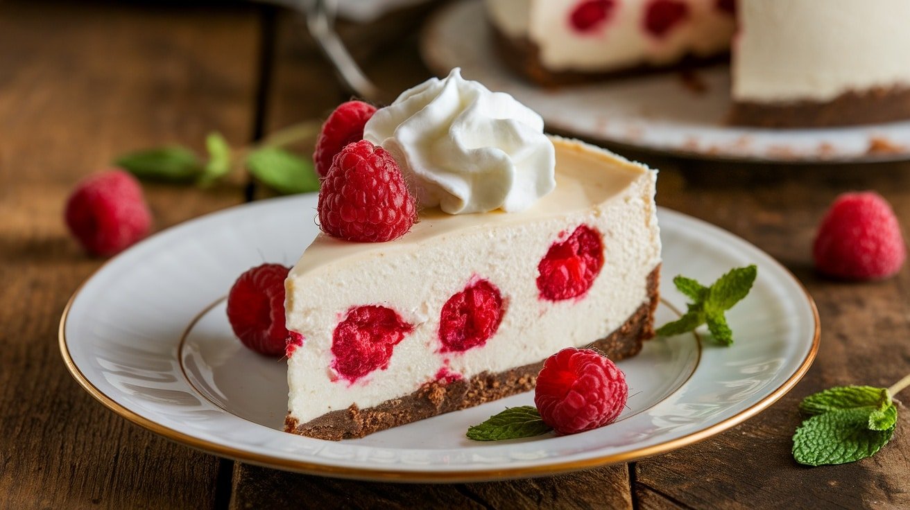 Slice of No-Bake Raspberry White Chocolate Cheesecake with raspberries and mint on a rustic table.