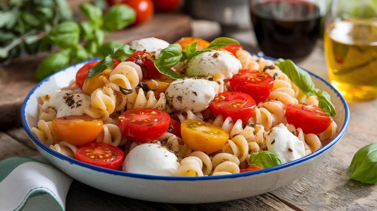 A bowl of Margherita pasta salad with tomatoes, mozzarella, and basil on a rustic table.