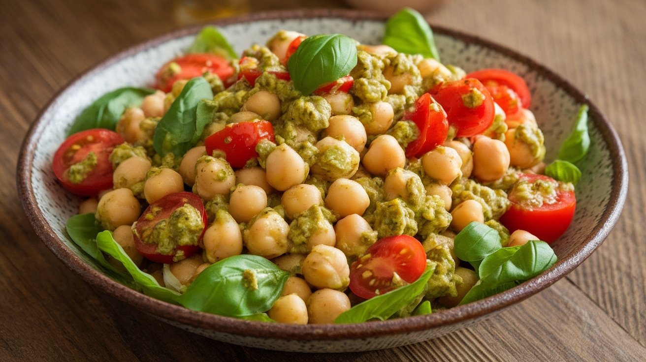 A colorful chickpea salad with tomatoes and cucumber dressed in pesto, garnished with basil.