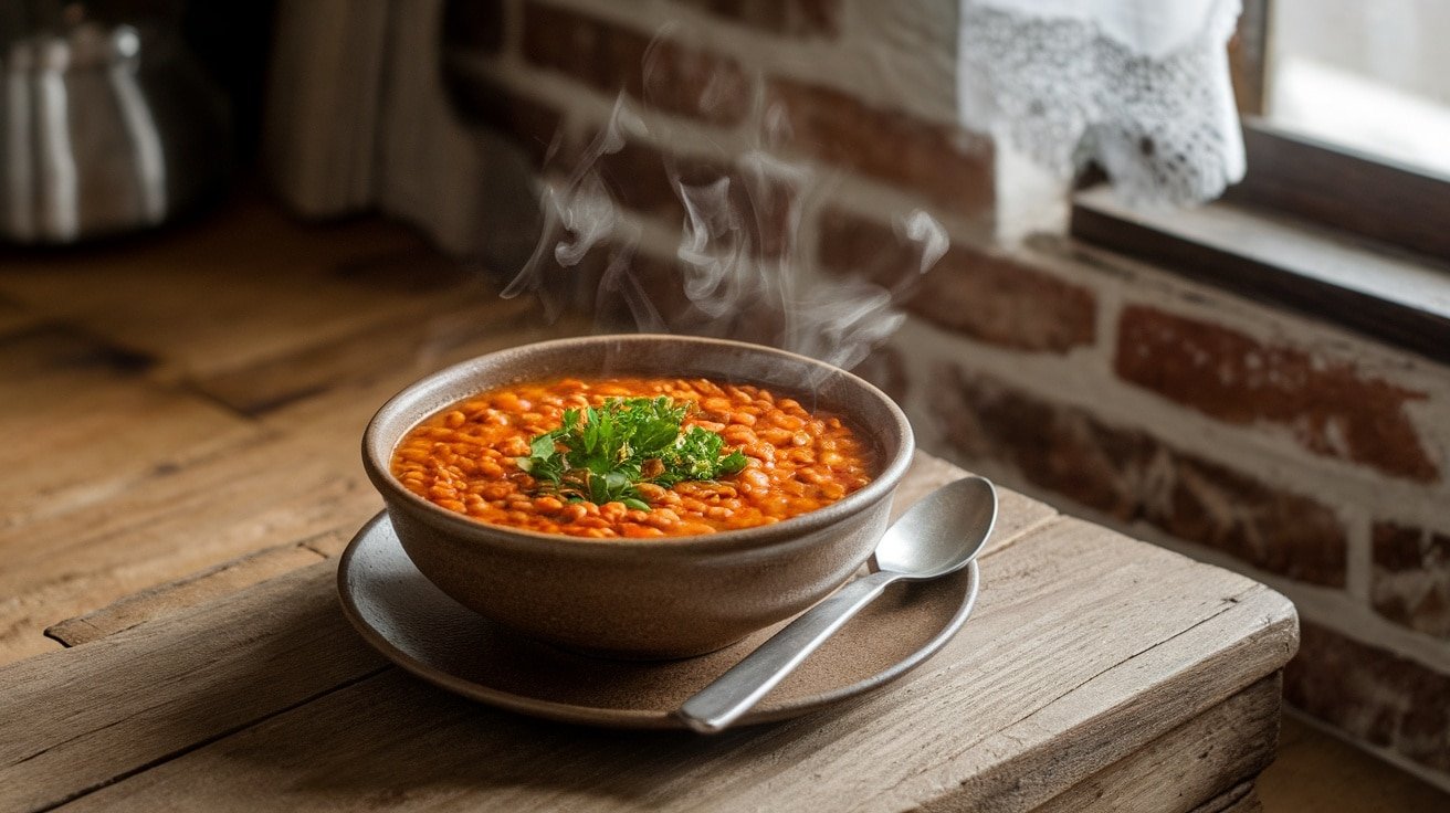 A bowl of smoky lentil soup with vibrant lentils and parsley garnish on a rustic table.