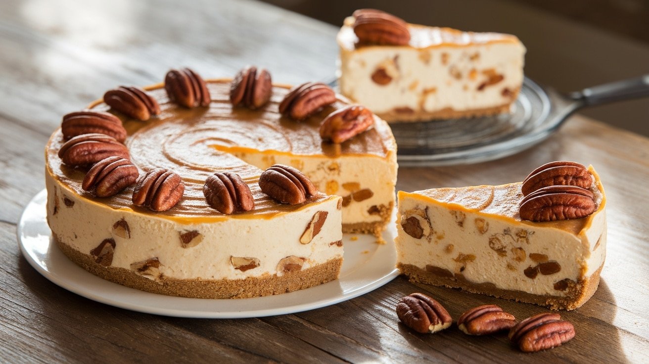 A decadent No-Bake Butter Pecan Cheesecake with a graham cracker crust, topped with pecans, on a wooden table.
