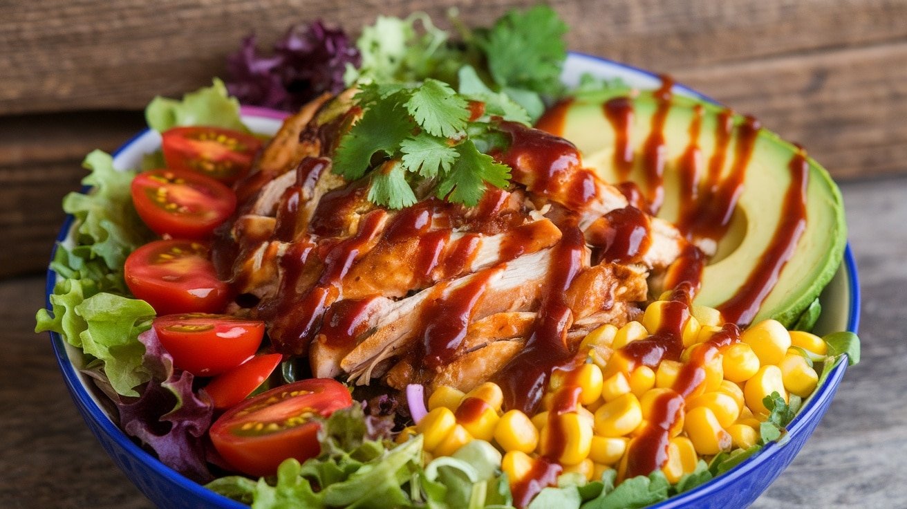 A colorful BBQ chicken salad bowl with greens, chicken, tomatoes, corn, and avocado on a rustic table.
