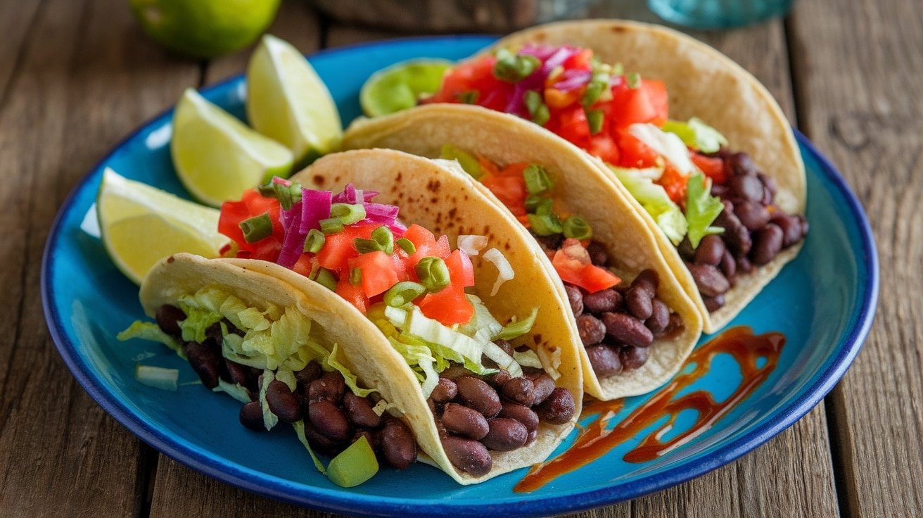 A plate of spicy black bean tacos with fresh toppings and lime on a wooden table.
