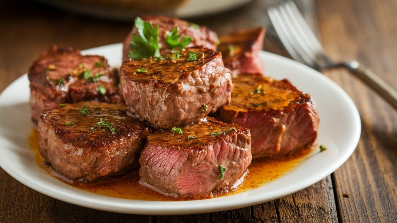 Sizzling garlic butter steak bites garnished with parsley on a rustic wooden table.