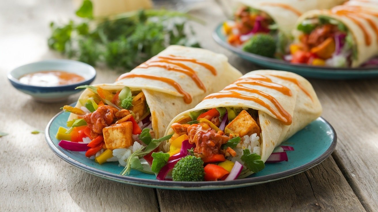 Colorful plate of crispy tofu and rice wraps with fresh veggies and spicy sauce.