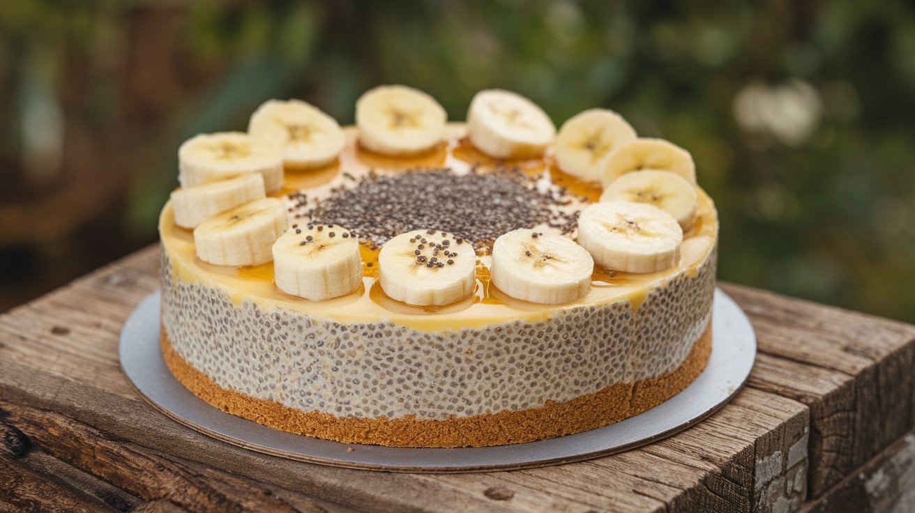 No-bake banana chia seed cheesecake with graham cracker crust, topped with banana slices and chia seeds on a wooden table.