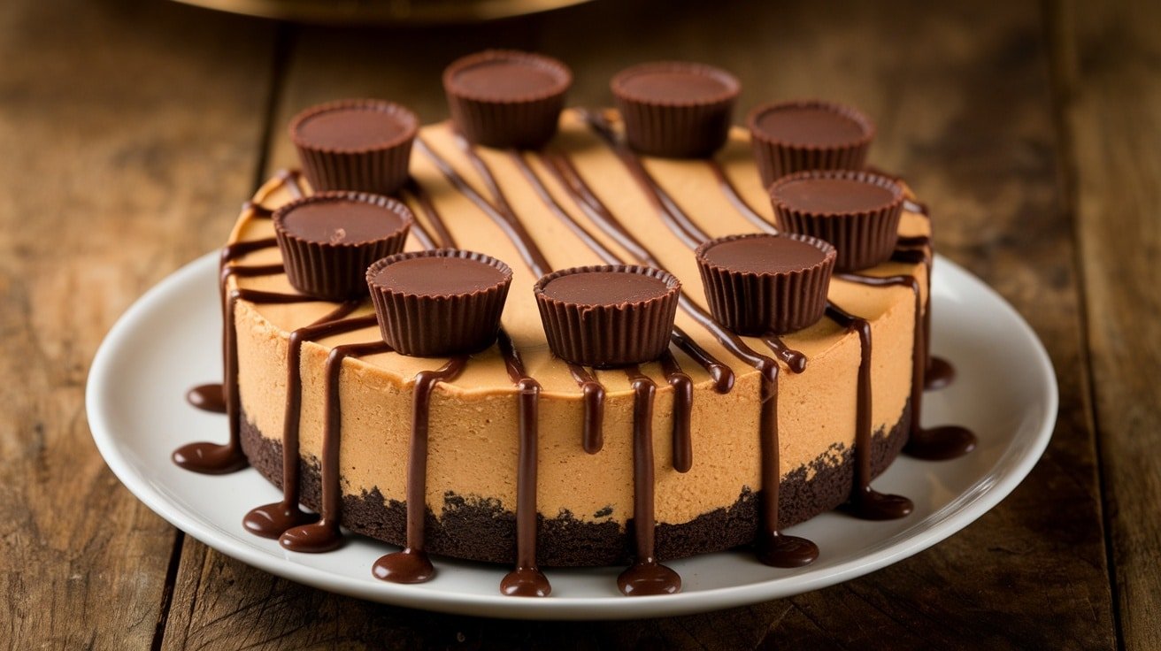 A no-bake peanut butter cup cheesecake topped with mini peanut butter cups and chocolate drizzle, served on a rustic wooden table.