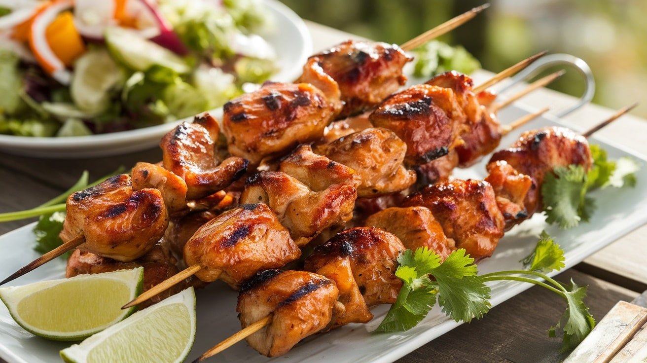 Grilled honey garlic chicken skewers on a platter with cilantro and lime, ready to serve.