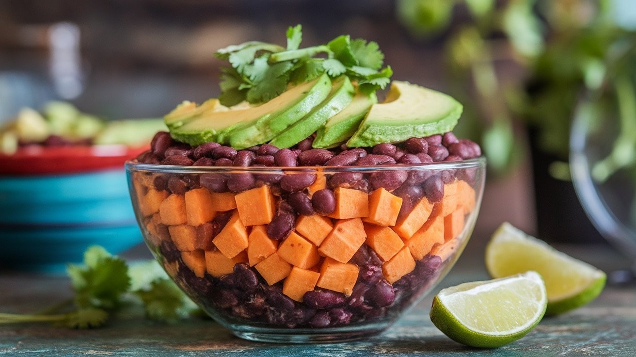 Quick sweet potato and black bean bowl with avocado and cilantro on a rustic table, garnished with lime.