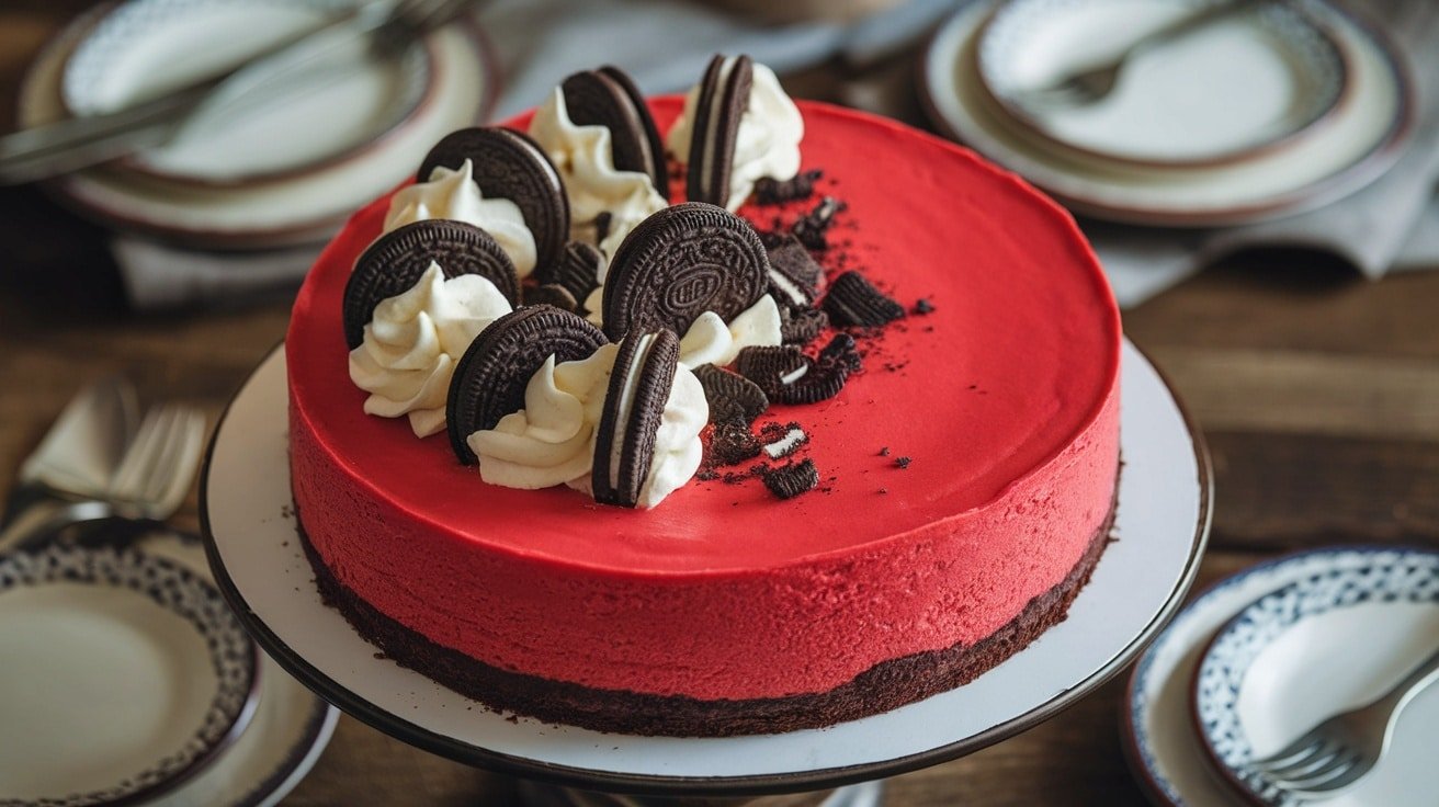 A no-bake red velvet Oreo cheesecake garnished with crushed Oreos, displayed on a cake stand.