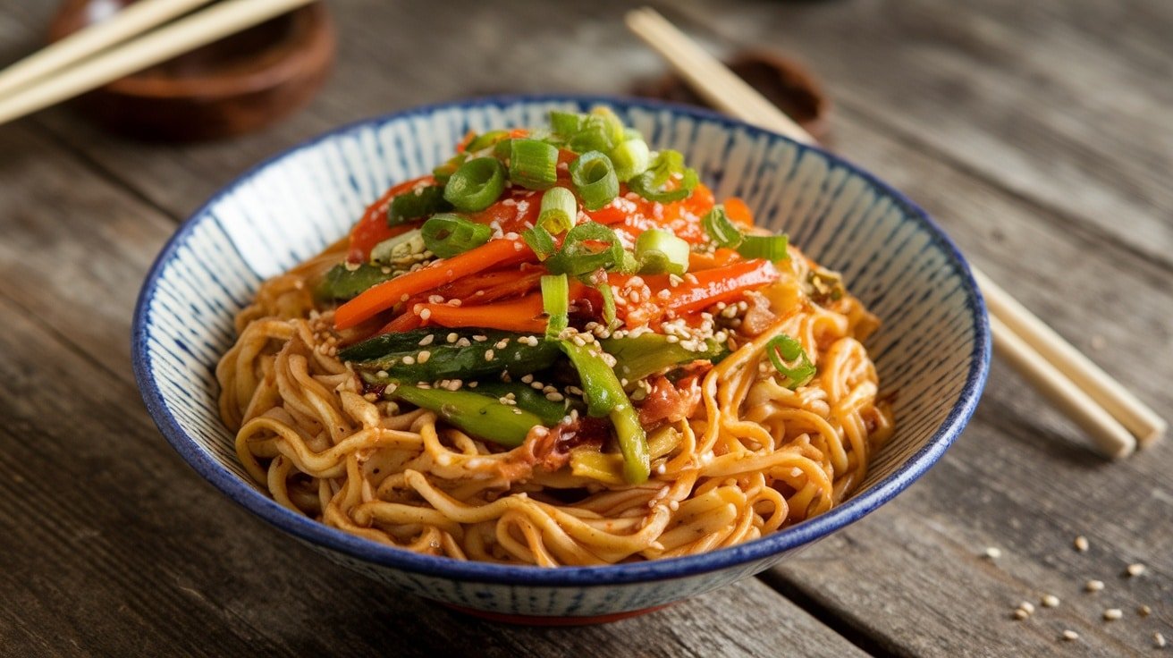 Delicious sesame garlic noodle bowl with colorful vegetables and sesame seeds on a wooden table.