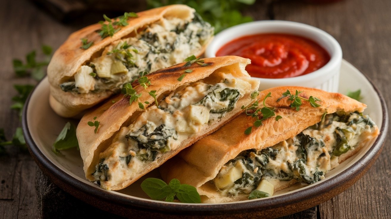 Warm spinach and artichoke stuffed pitas on a plate with marinara sauce on the side.