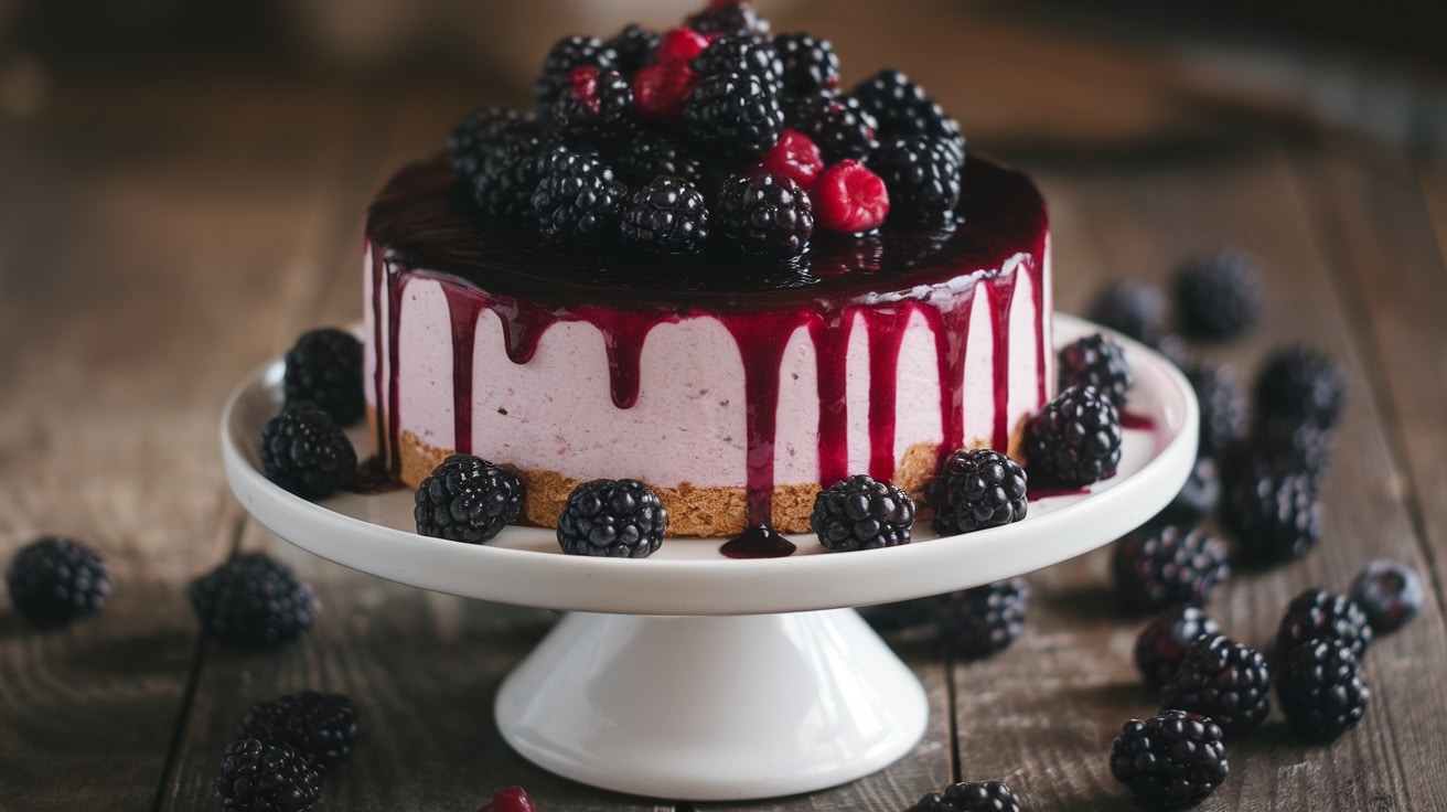 No-Bake Blackberry Cheesecake on a stand, topped with blackberry sauce and whole blackberries.