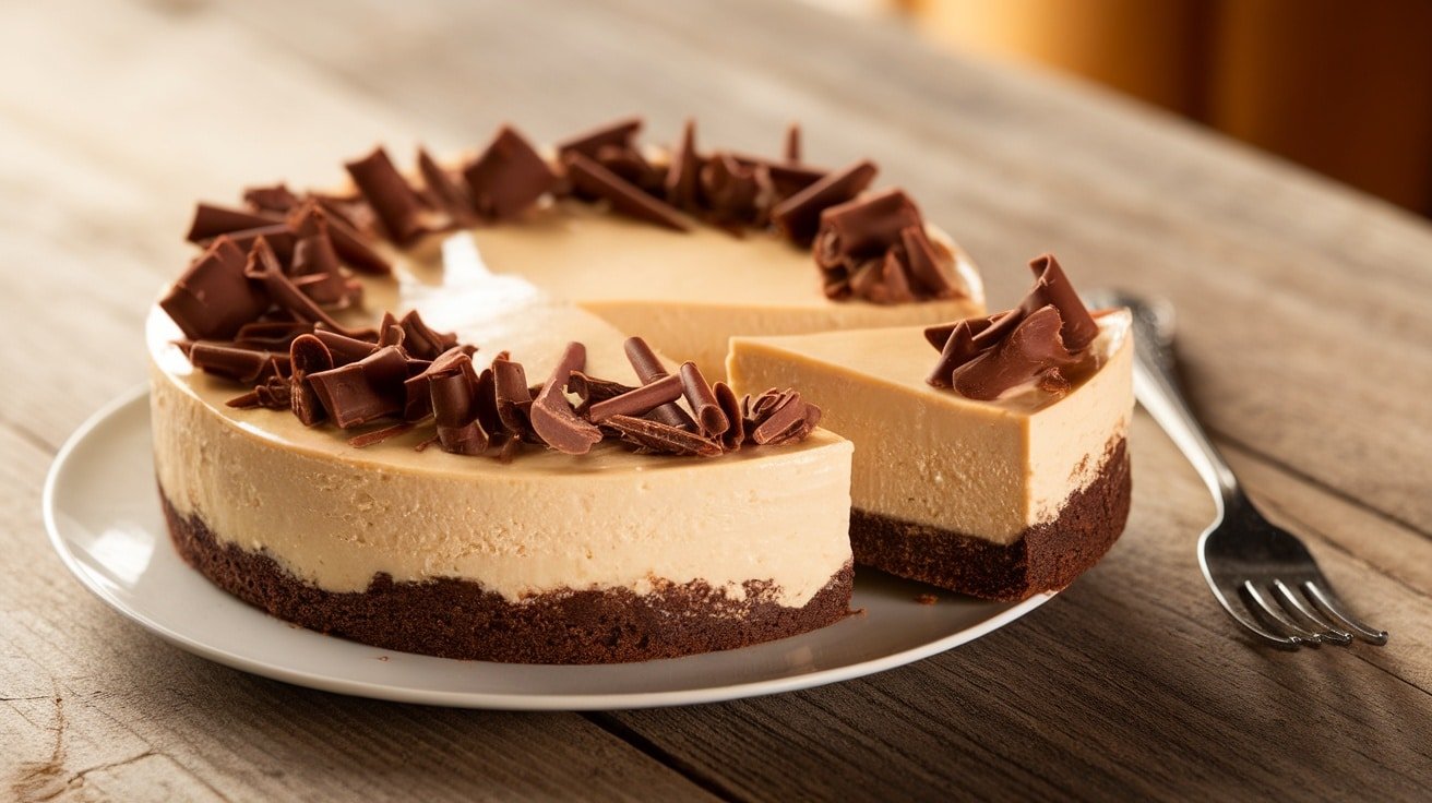 A slice of No-Bake Brownie Bottom Cheesecake showcasing the brownie and cheesecake layers, garnished with chocolate shavings.