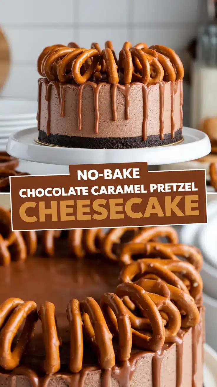 No-Bake Chocolate Caramel Pretzel Cheesecake
