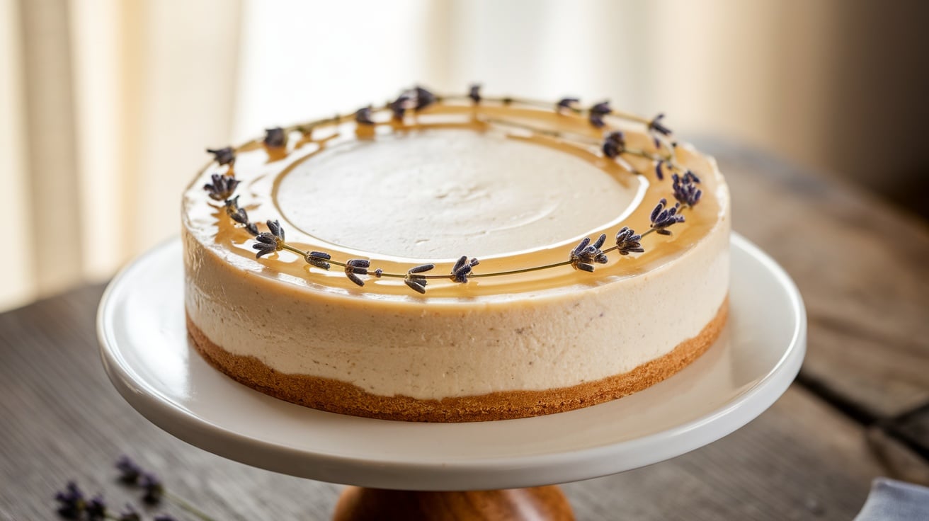 A slice of no-bake honey lavender cheesecake on a white plate, garnished with lavender and honey, with the whole cheesecake in the background.