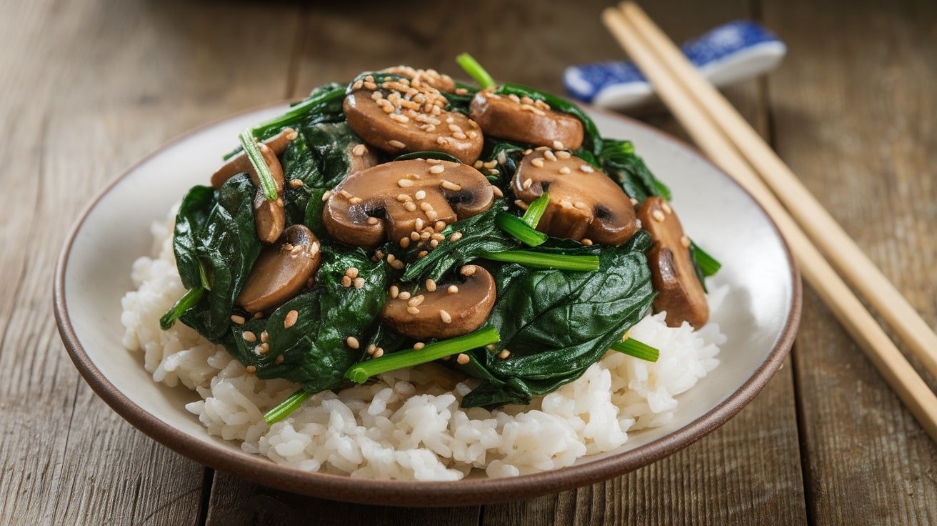 A plate of spinach and mushroom stir-fry with rice, garnished with sesame seeds, on a wooden table.