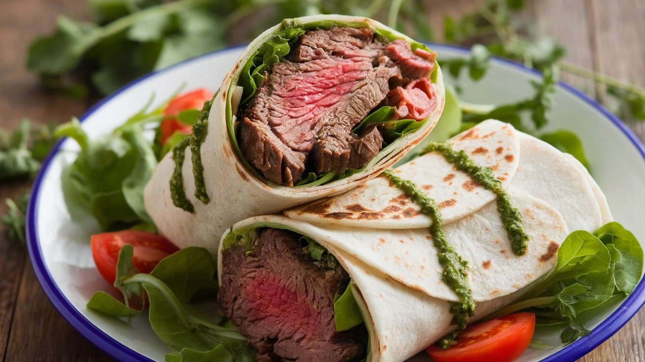 Delicious chimichurri steak wraps filled with fresh greens, tomatoes, and juicy steak, sliced in half on a wooden table.